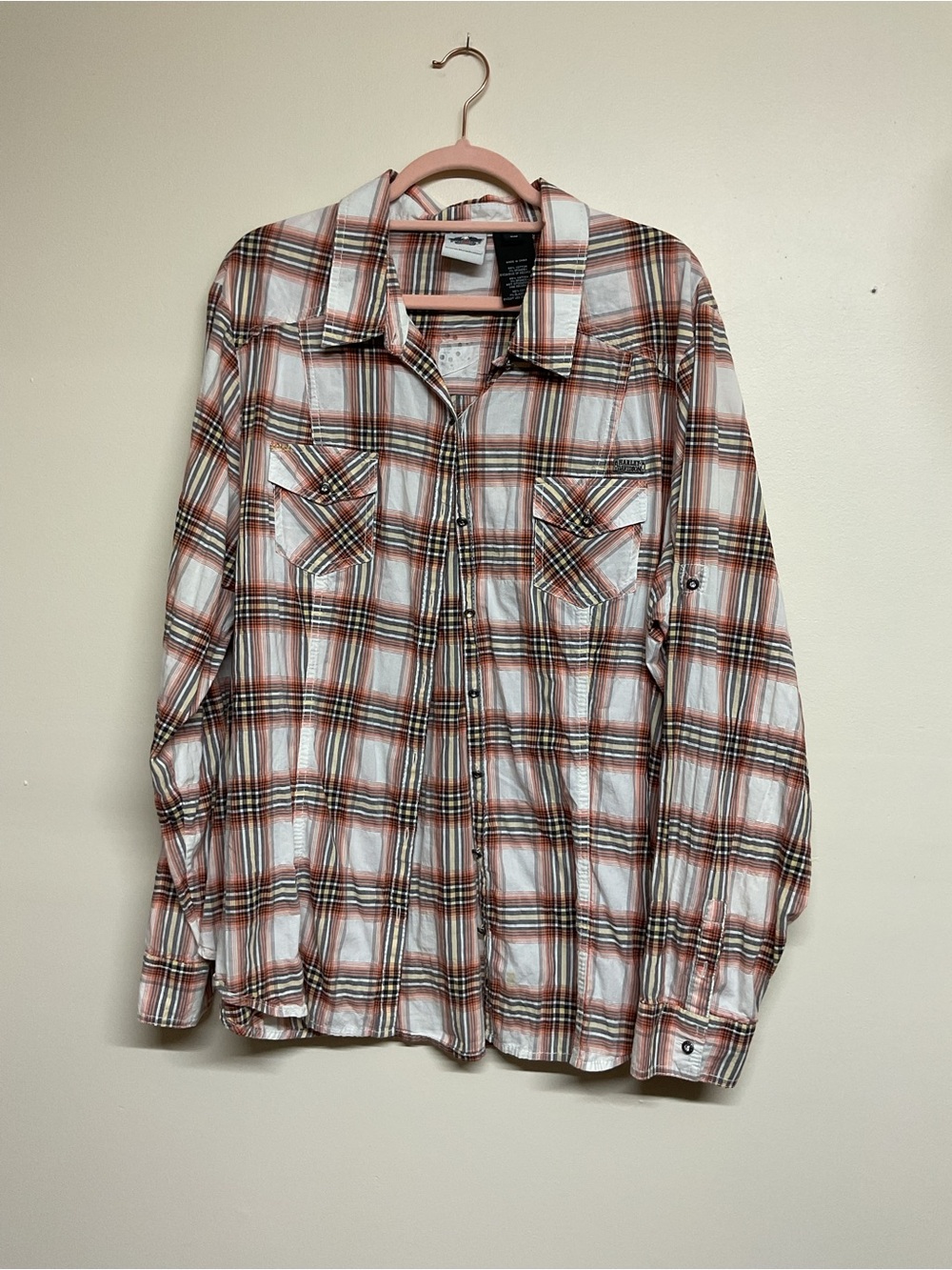 Harley-Davidson Plaid Button-Up Blouse - White & Brown